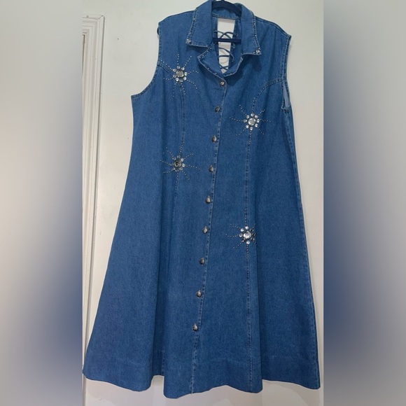 Beautiful Vintage Bejeweled Plus Size Denim Dress /Denim Jacket trench - Picture 3 of 8